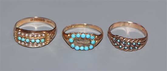 A late Victorian 15ct gold, turquoise and hair set mourning ring and two other 9ct gold and turquoise rings,